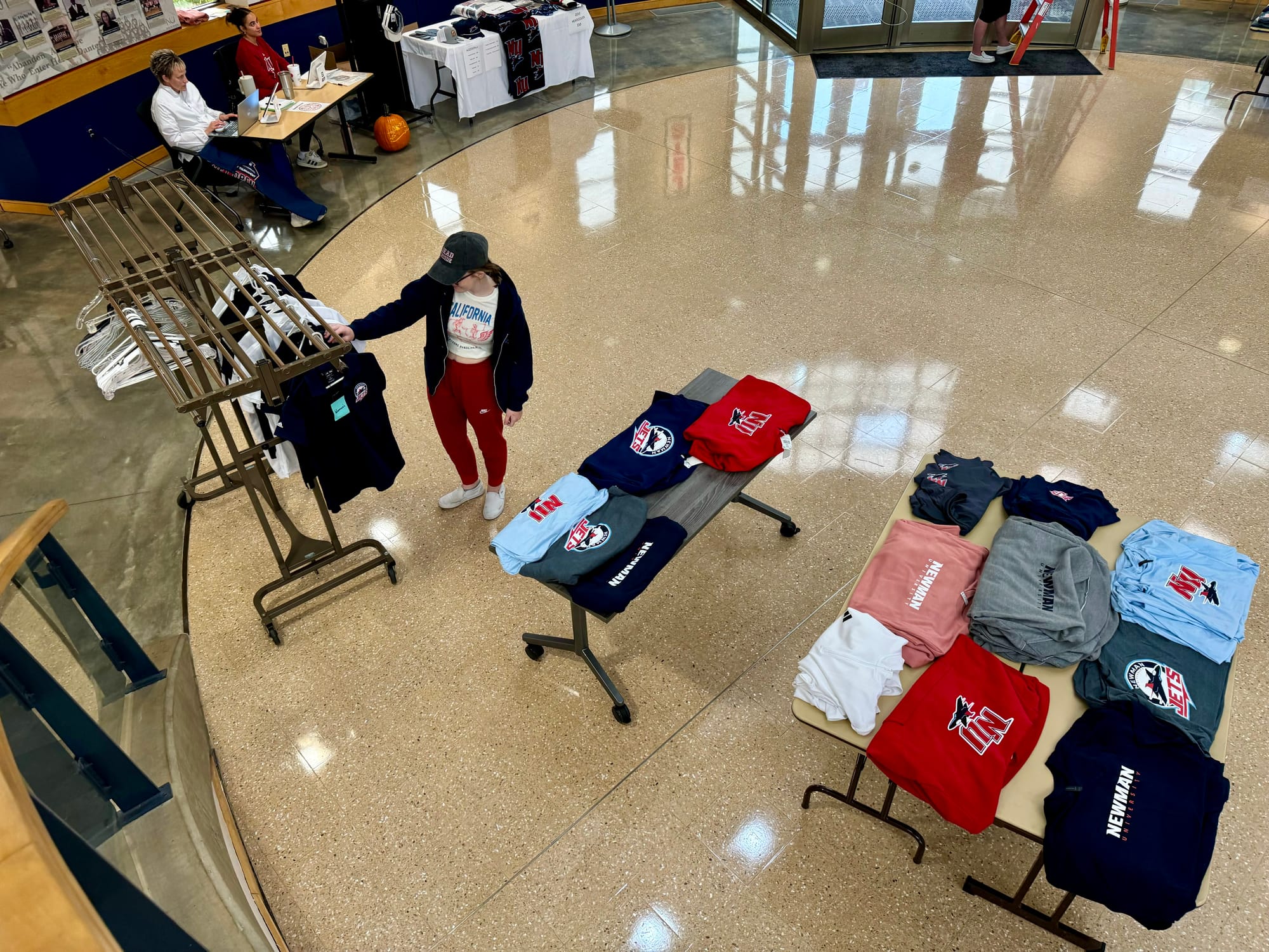 NU Jets gear popping up from storage into Gorges Atrium